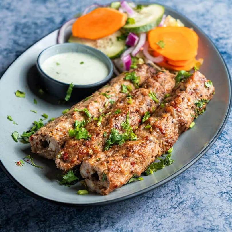 Three seekh kebabs garnished with cilantro, served with a side salad and a white dipping sauce.